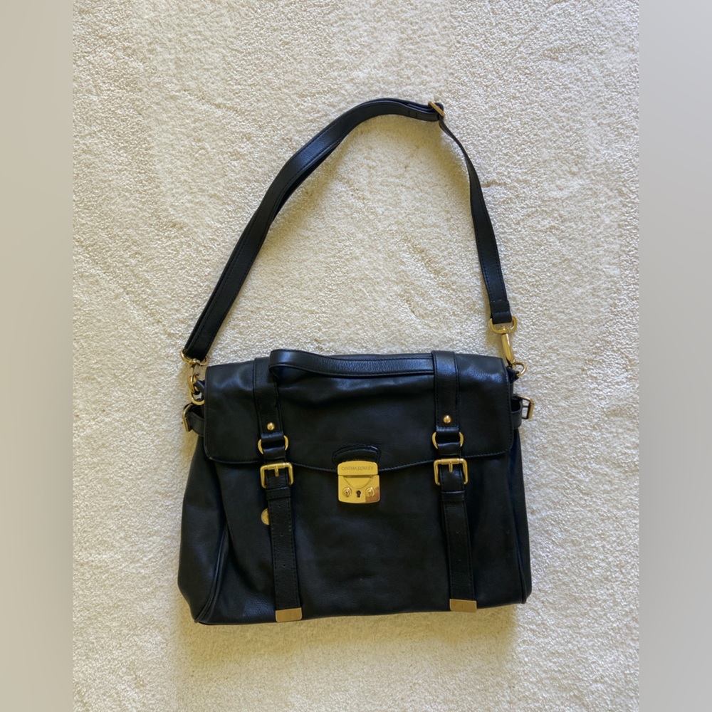 Black Leather Shoulder Bag with Gold Accents